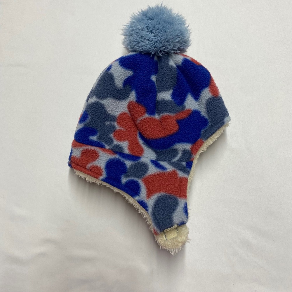 LL Bean Baby Fleece Trapper Hat 6-12M Blue Red Camo Sherpa Lined 515295